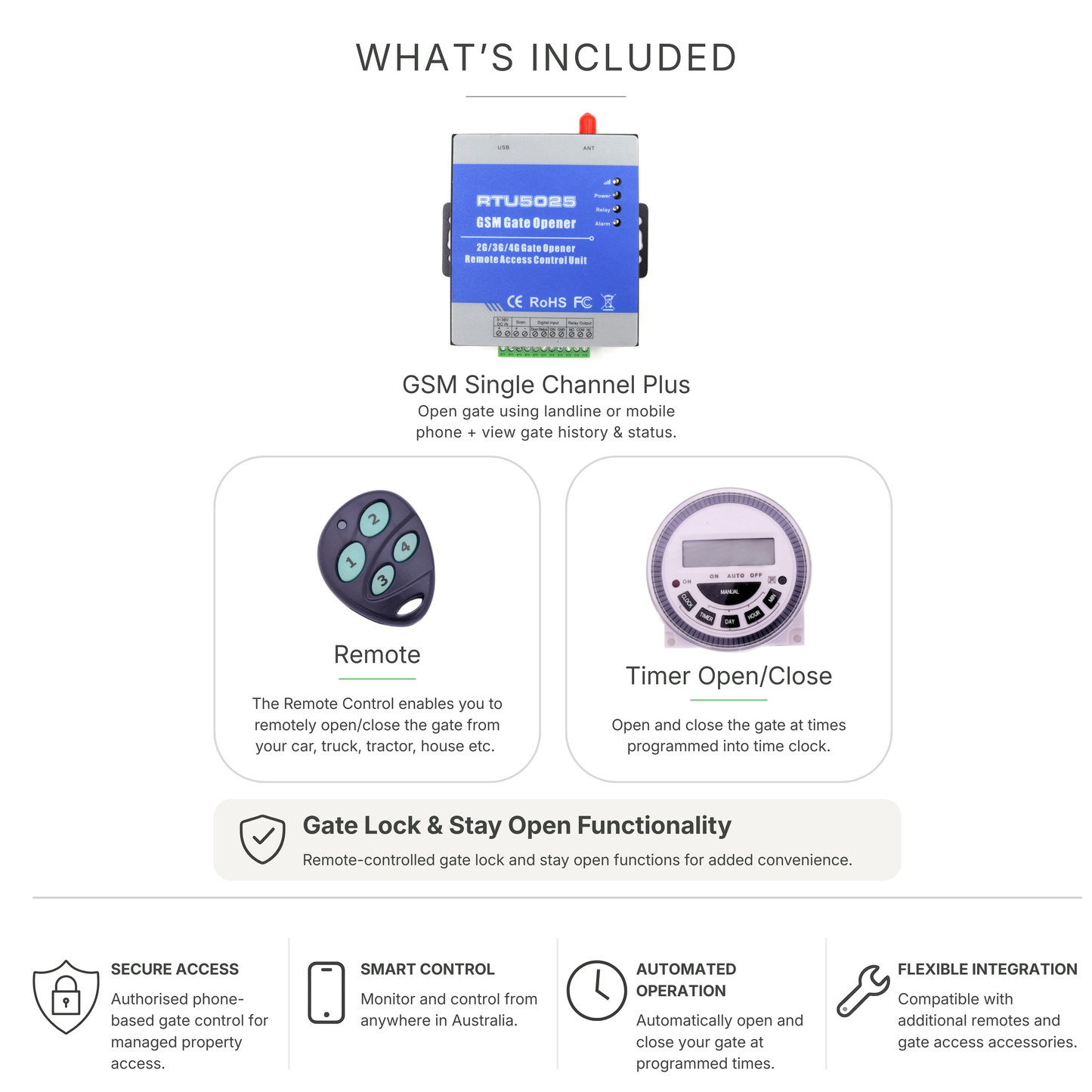 SolarTronics Acreage Automation Bundle | 4G GSM Single channel Plus, Timer Open/Close, Remote, Remote controlled "Gate Lock" and Remote controlled "Stay Open"