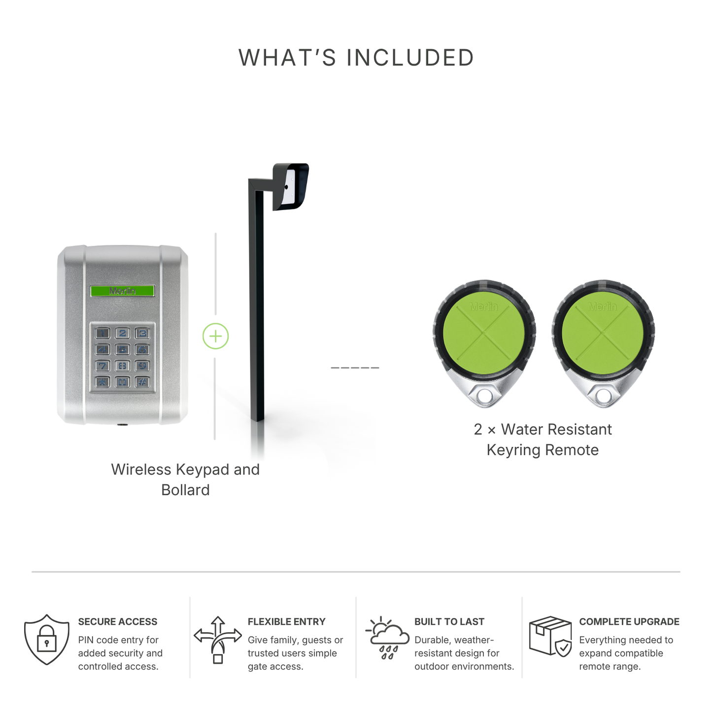 Merlin Access Bundle | Wireless keypad, bollard and 2 water resistant remotes
