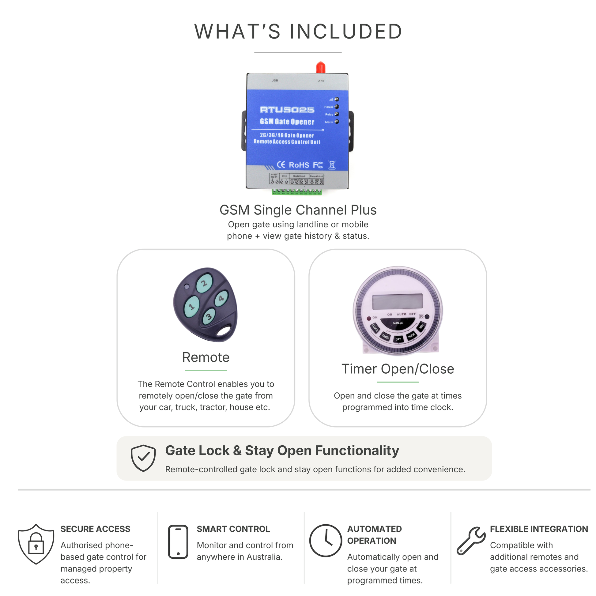 SolarTronics Acreage Automation Bundle | 4G GSM Single channel Plus, Timer Open/Close,  Remote, Remote controlled "Gate Lock" and Remote controlled "Stay Open"