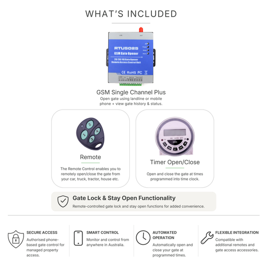 SolarTronics Acreage Automation Bundle | 4G GSM Single channel Plus, Timer Open/Close,  Remote, Remote controlled "Gate Lock" and Remote controlled "Stay Open"