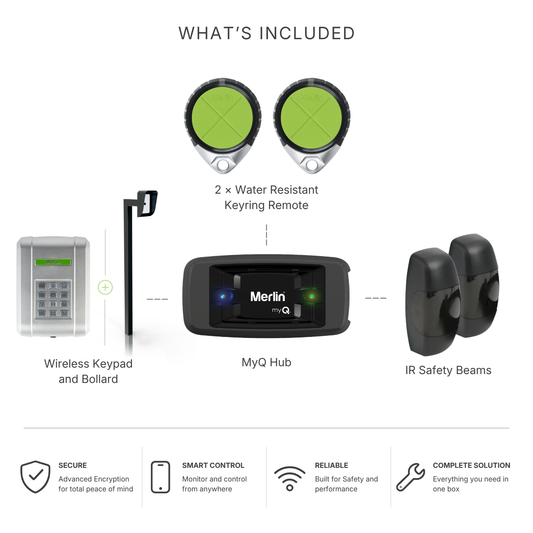 Merlin Complete Gate Setup Bundle | 2 water resistant remotes, wireless keypad and bollard, IR safety beams and MyQ Hub for smart control