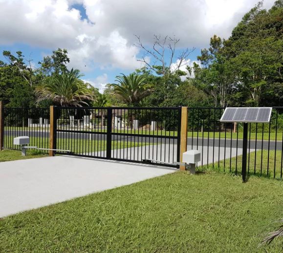 DACE Double Swing Gate Motor Pedestal Mounts and Solar Kit | Installed on real gate